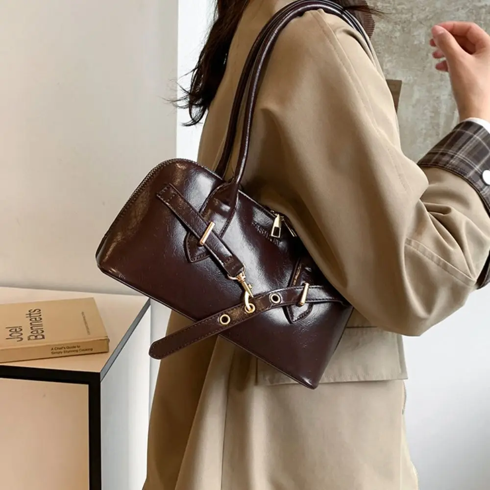 

Classic Double Strap Handheld Bag Large Capacity Retro Bowling Bag Zipper Closure Shoulder Bags Women Daily Use