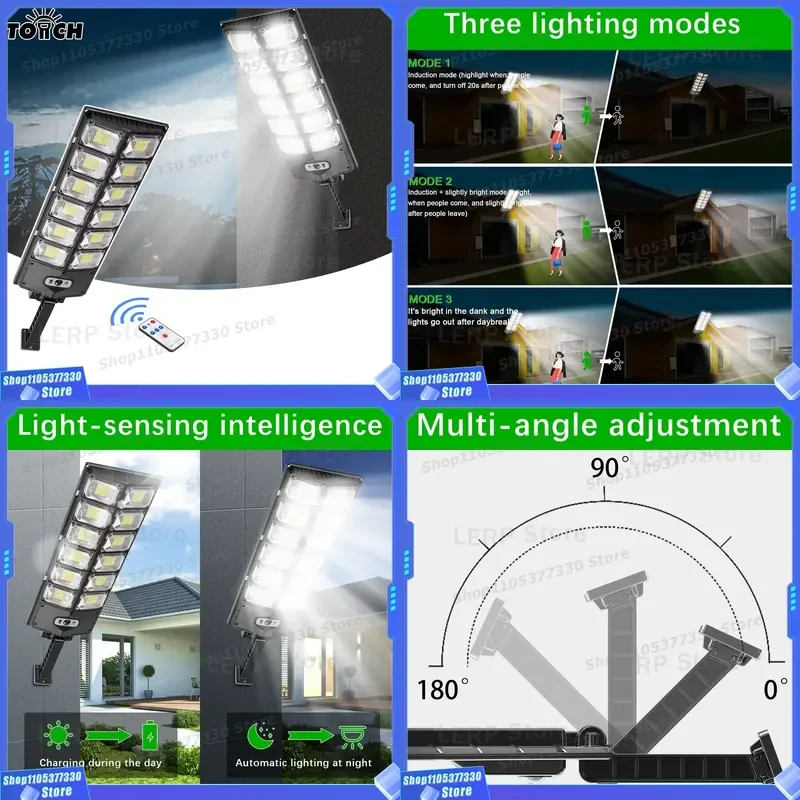 8000LM Solar Street Light Waterproof Outdoor Wall Lamp with Motion Sensor Remote Control Dusk to Dawn Super Bright Garden
