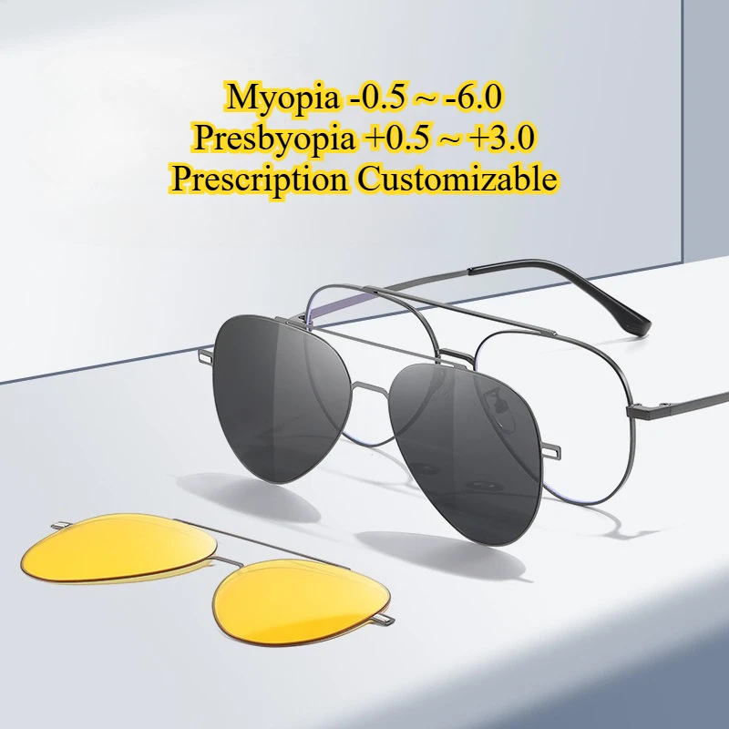 

Myopia Customizabled Aviation Magnetic Polarized Clip On Sunglasses Pilot Men Night Vision Eyeglasses Frame UV400 Women Sunshade