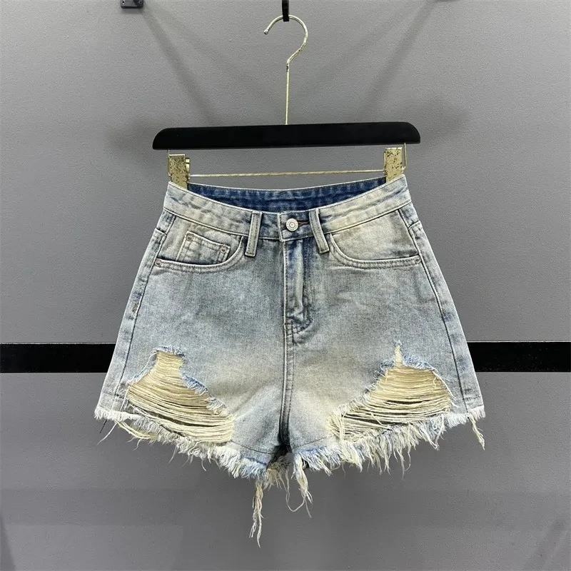 

Girl Broken Hole Tassel Denim Shorts for Women New Summer High Waist Slim Leg Length A-line Wide Leg Hot Pants Pantalones Cortos