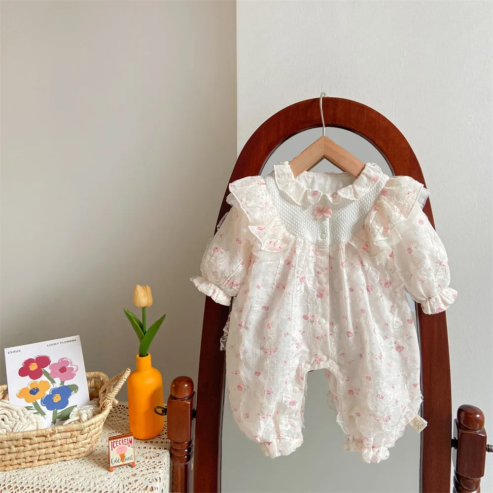 

2024 Spring Autumn Baby Girls Jumpsuit Cotton Floral Lace Broder Long Sleeve Newborn Girls Rompers Infant Girls Bodysuit