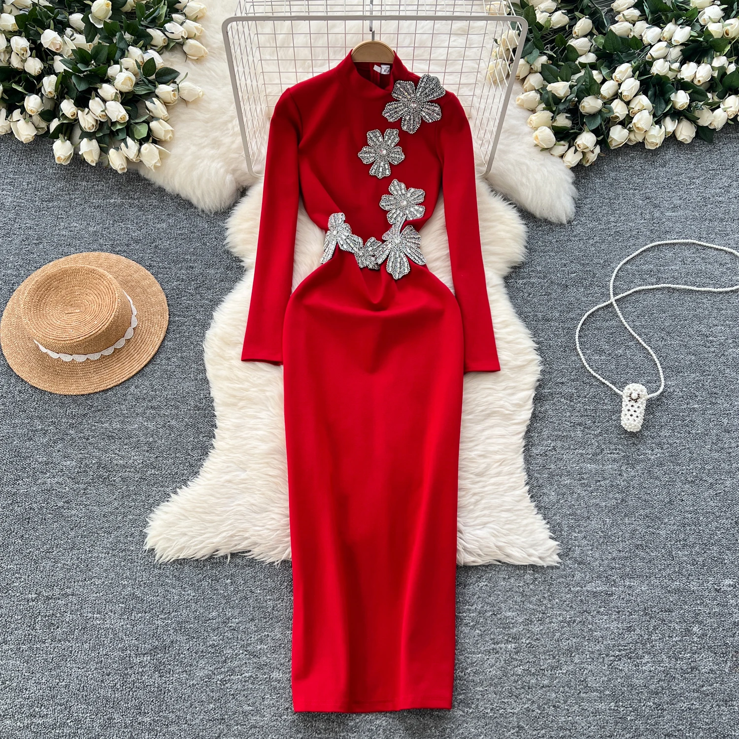 Elegant Long Sleeve Vintage Half High Collar Chic Rhinestone 3D Floral Slim Dresses French Evening High Street Autumn Clothing