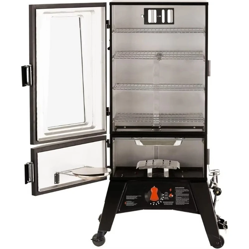 Ahumador de barbacoa vertical de gas propano con control analógico de temperatura y 960 pulgadas cuadradas de cocción en Black HOME.