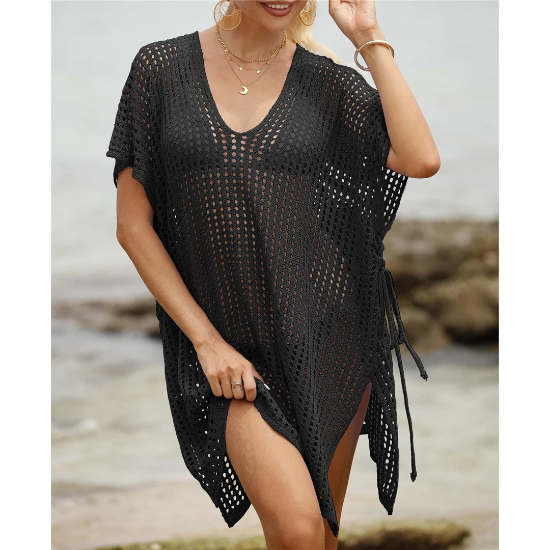 Kurzarm-Tunika mit V-Ausschnitt und Aushöhlungen, gehäkelt, Strickkleid, Strandkleid, Strandmode, Strandbekleidung, Strand-Cover-up, Damen, V8061 – Detail 6