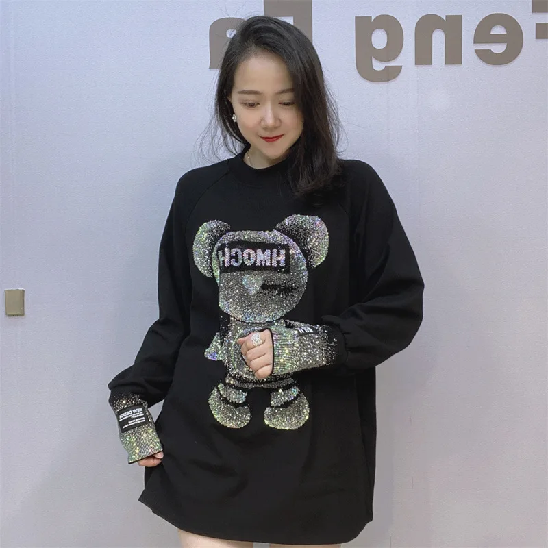 Cartoon Bear T Shirt Women Tops Y2k Clothes Plus Size Casual O Neck Long Sleeve Black Tees Vestidos Streetwear 2024 Bust 125cm