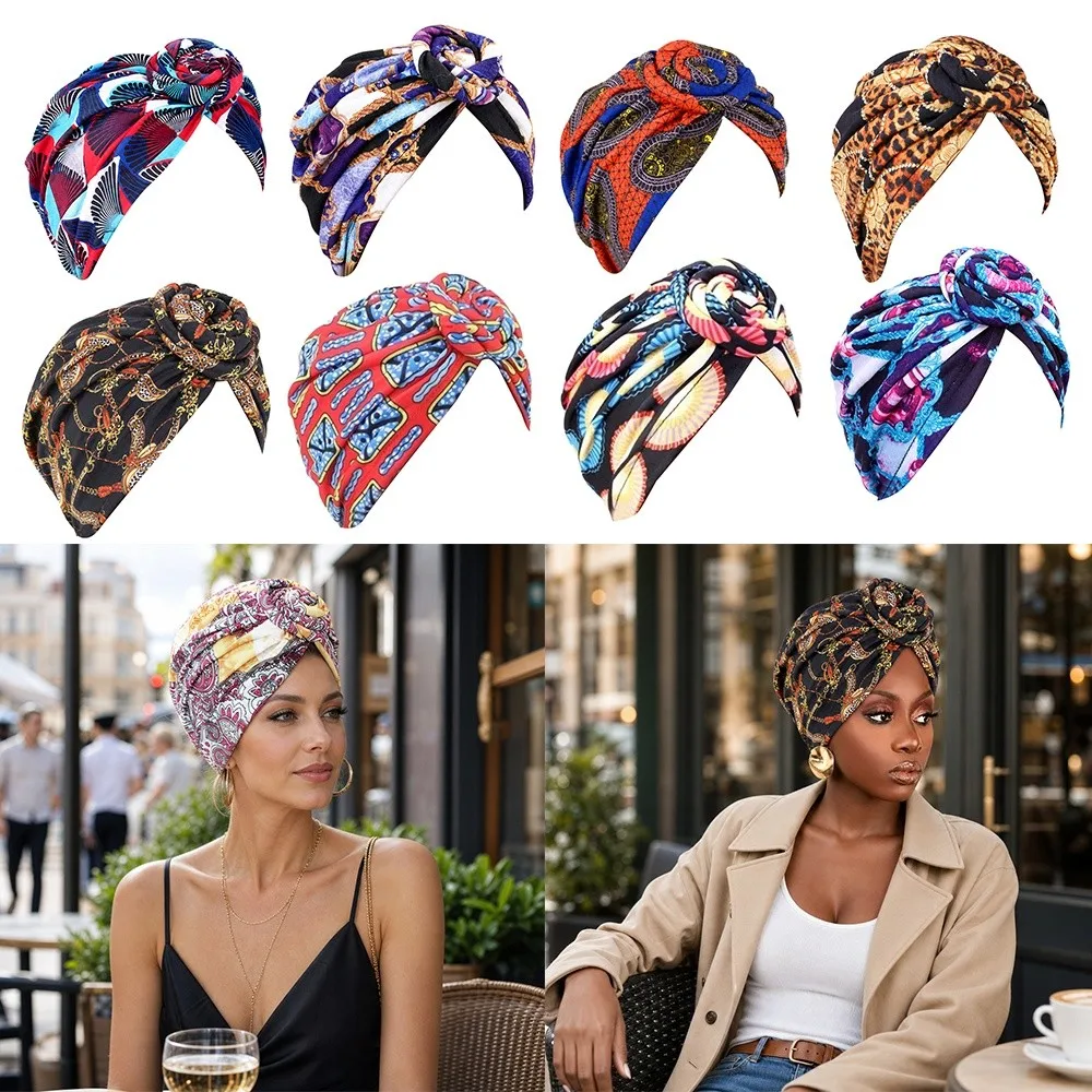 Fashion African Print Hijab Caps Pleated Knotted Style Islamic Headband Elastic Wrap Headscarf Women Headwear