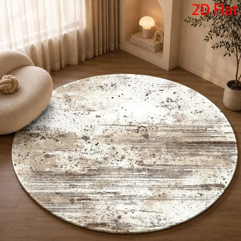 Abstract Grey Brown Distressed Splatter Round Area Rug Non Slip Floor Mat For Modern Industrial Living Room Bedroom Decor Gift