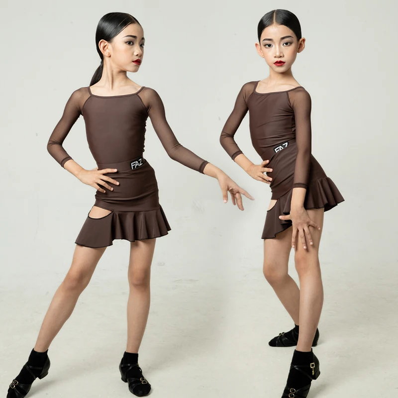 Kind Latin Dance Kleidung Mädchen Leistung Kleid Braun Langarm Tanz Anzug Cha Cha Rumba Bühne Tragen Praxis Kleidung AMY1635