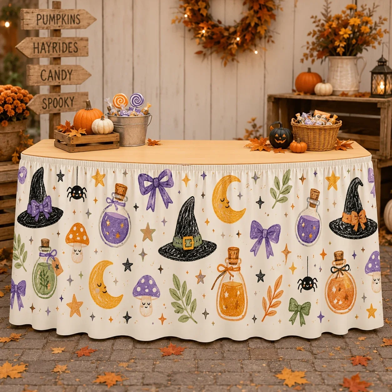 One tablecloth or table skirt. Cute witch Halloween table skirt. Textured pencil witch hat.
