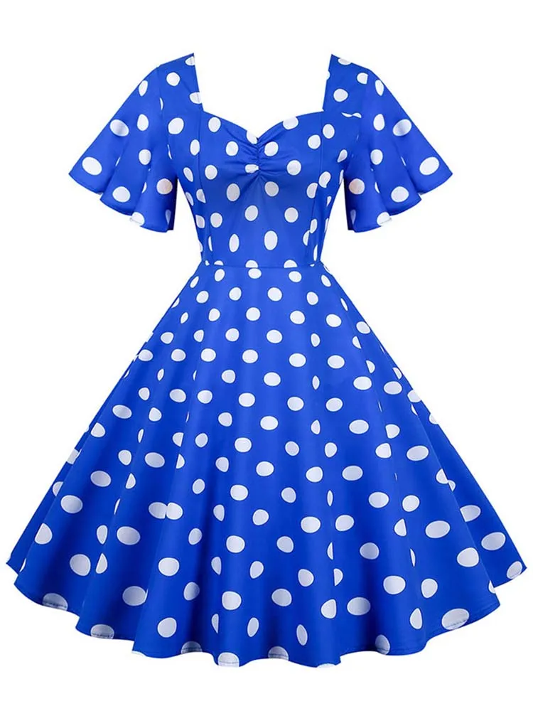 Women Summer Dress Butterfly Sleeve Vintage Robe Femme Elegant Polka Dot Party Sundress Jurken