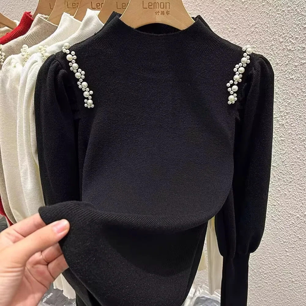 Perlen Puff Sleeve Stricken Pullover Neue Frauen Herbst Winter Mock Neck Basis Shirt Femme Alle-spiel Warme Pullover Koreanische tops 2024