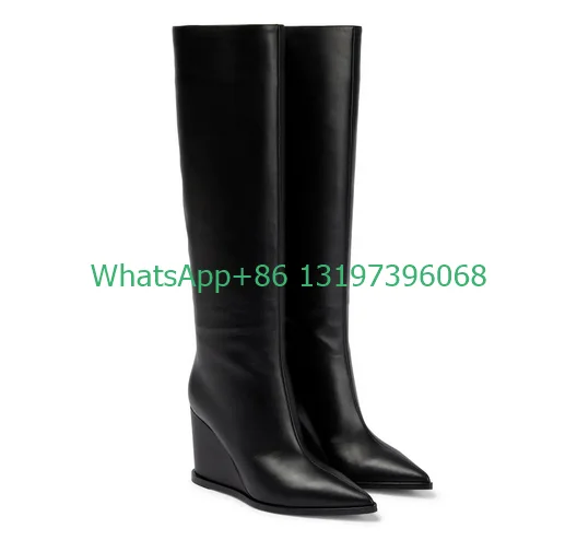 Lady sexy Beige wedges heel PU knee boots brown black PU leather boots pointed toe causal daily vintage punk boots size 33-46