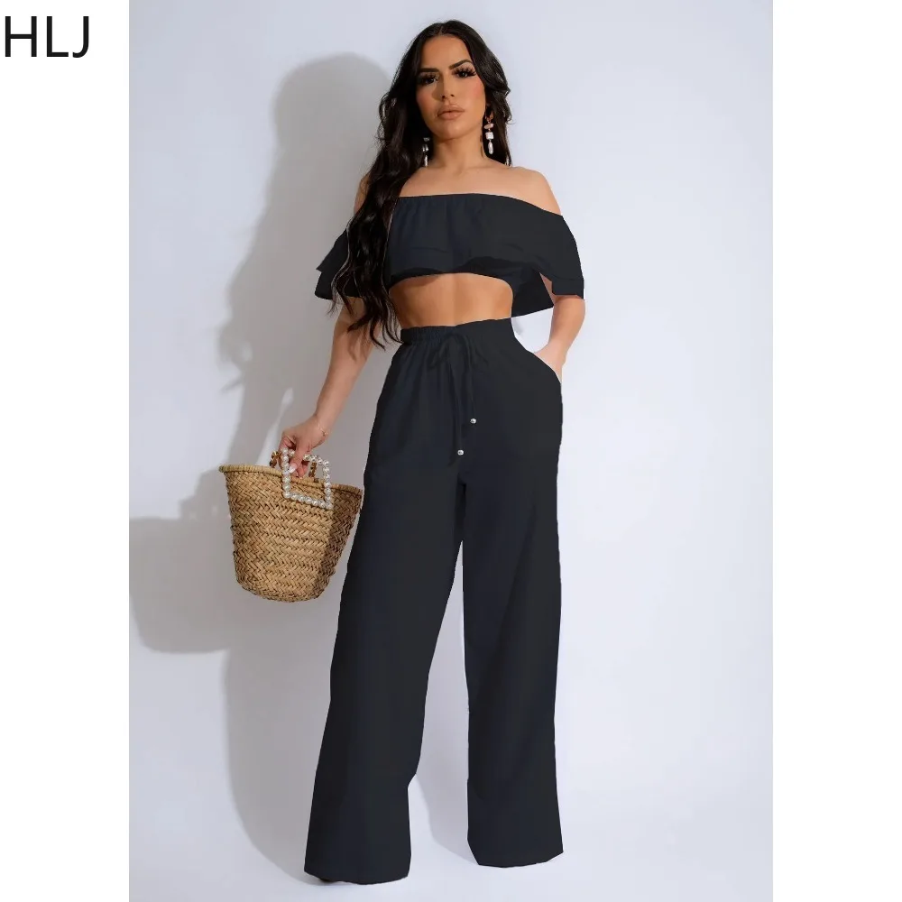 HLJ Elegant Lady Ruffle Design Wide Leg Pants Two Piece Sets Women Off Shoulder Crop Top And Pants Outfits Fashion OL Clothing