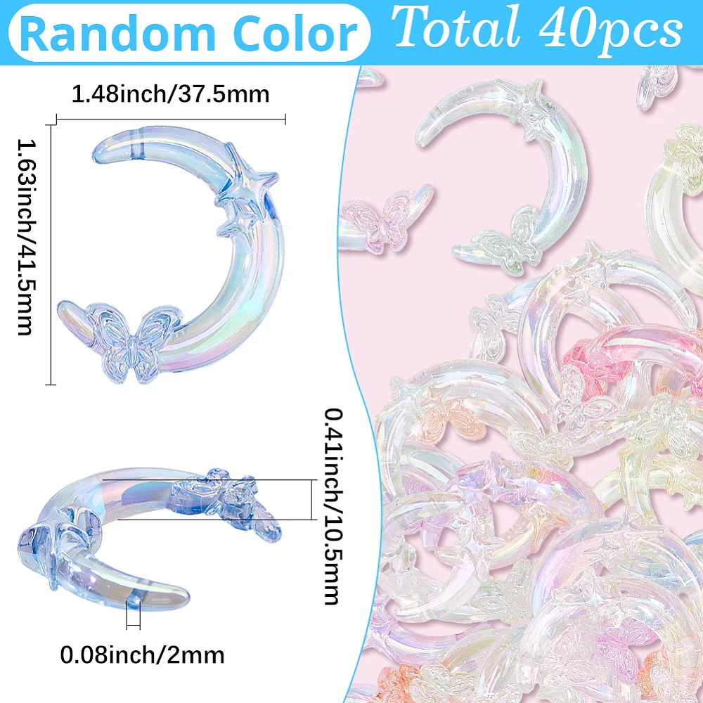 40Pcs 6 Colors Transparent Moon Shaped Large Beads Acrylic Crescent Moon Beads Colorful Gradient with Butterfly Satr 42x38mm