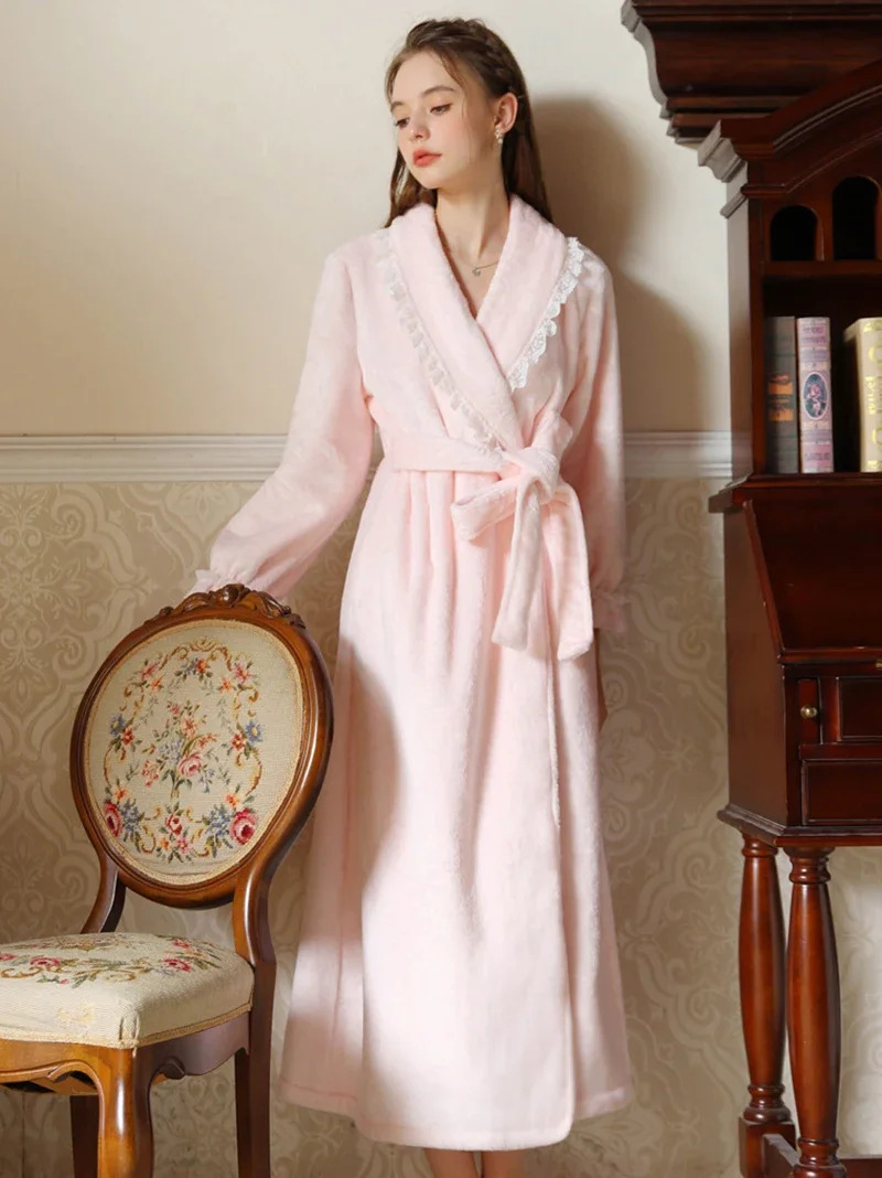 Velvet Thicken Sleeping Robe for Women Autumn Winter Princess Long Nightdress French Morning Robe Girls Long Sleeve Pajamas