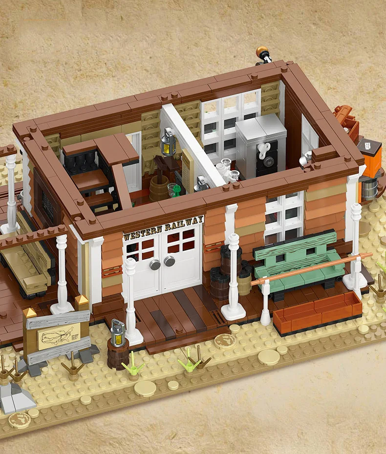 Kreatives Architektur-Modell „Amerikanische Western-Eisenbahn“ aus Bausteinen, Lernspielzeug mit Beleuchtung – Detail 4