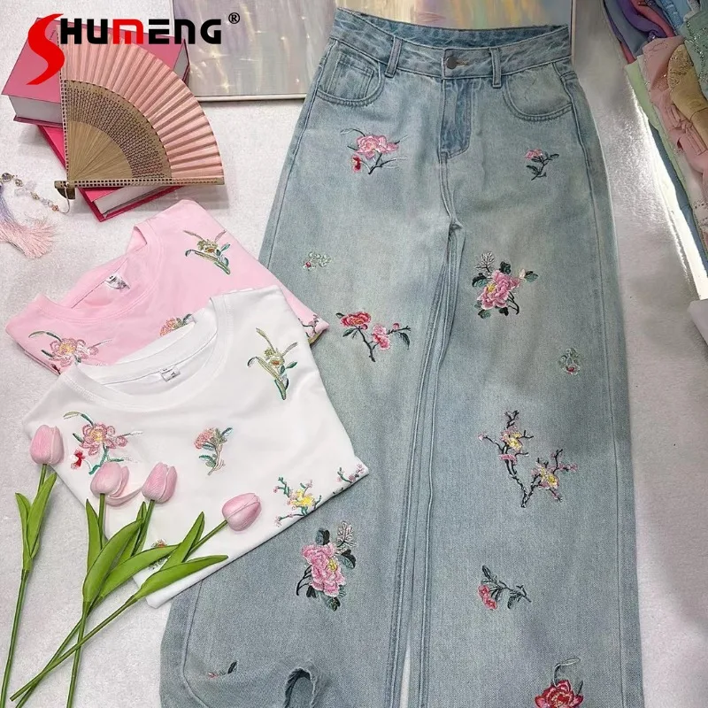 

2024 Spring And Summer New Western Style Flower Embroidered Hot Fix Rhinestone Jeans Fashion High Waist Straight Denim Pants