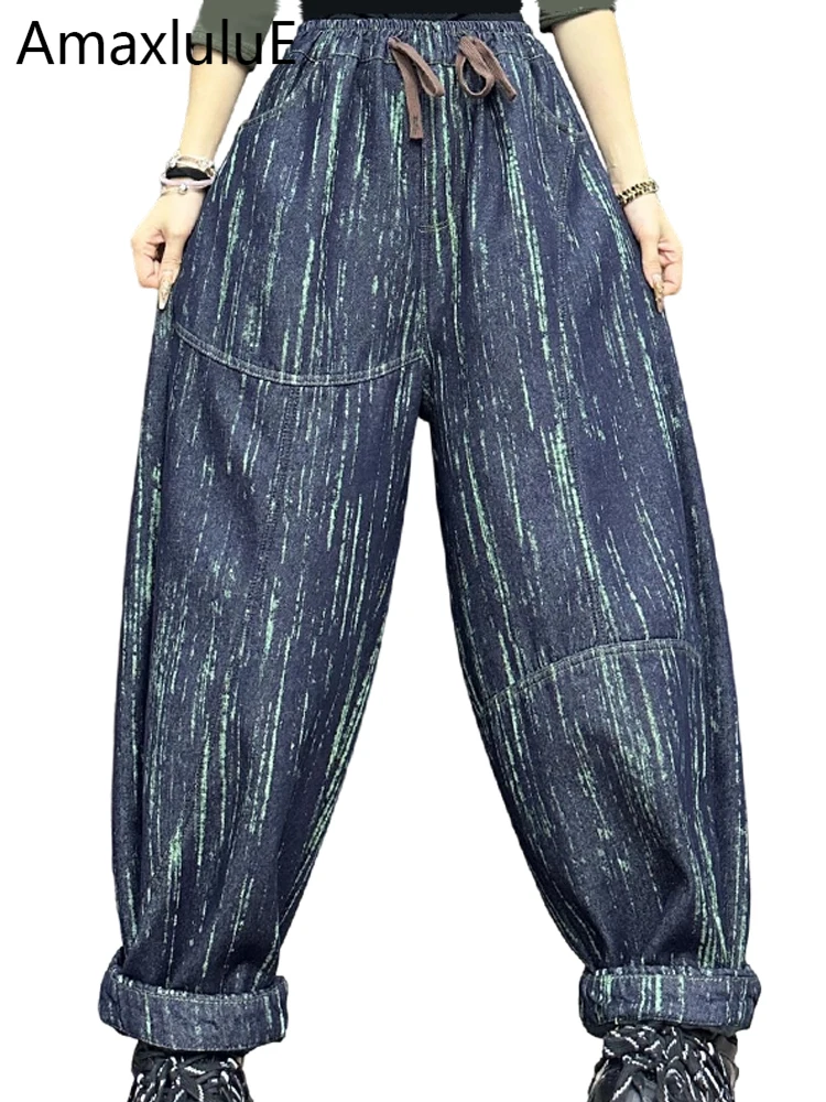 Amax LuluE الشتاء الترفيه مخطط الفراء الدنيم السراويل النسائية فضفاضة موضة خمر الجينز السيدات الكلاسيكية رشاقته الدافئة الحريم بنطلون #1