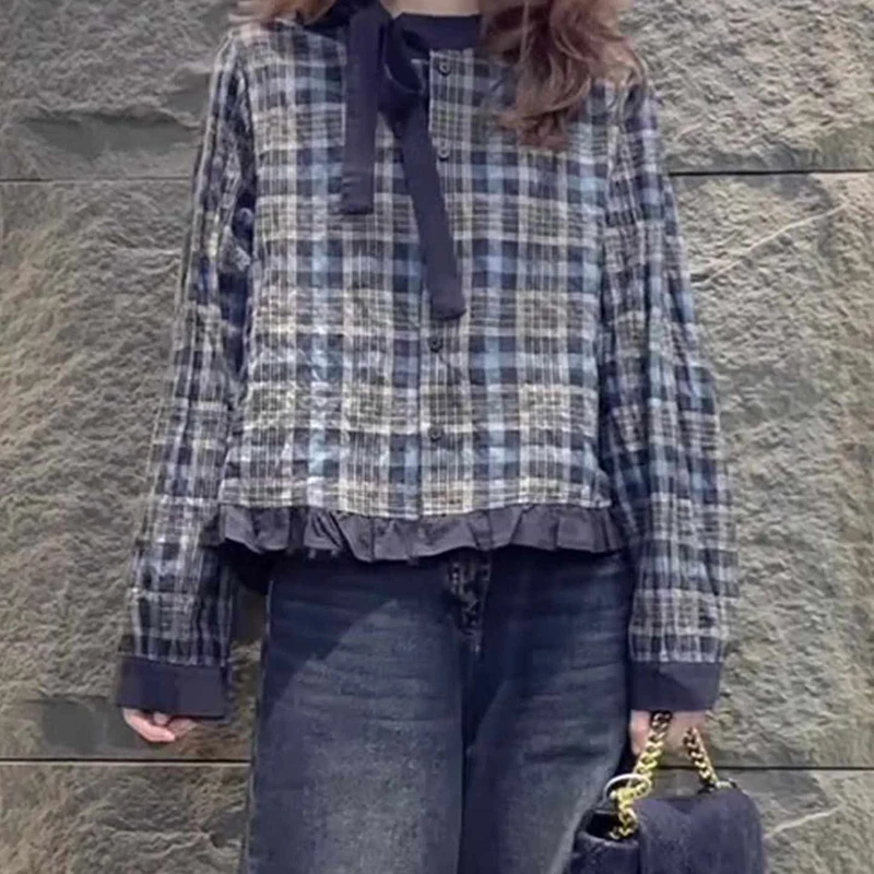 

Retro Korean Sle Plaid irt Women's Early Autumn Faion Casual round Ne Design ular Long Sve Polyester Fiber Blouse