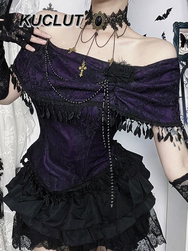 

Gothic Style Off-Shoulder Top and Skirt Set Femme 2025 New Fashion Casual Outfit Spring Summer Women's Two Piece Sets