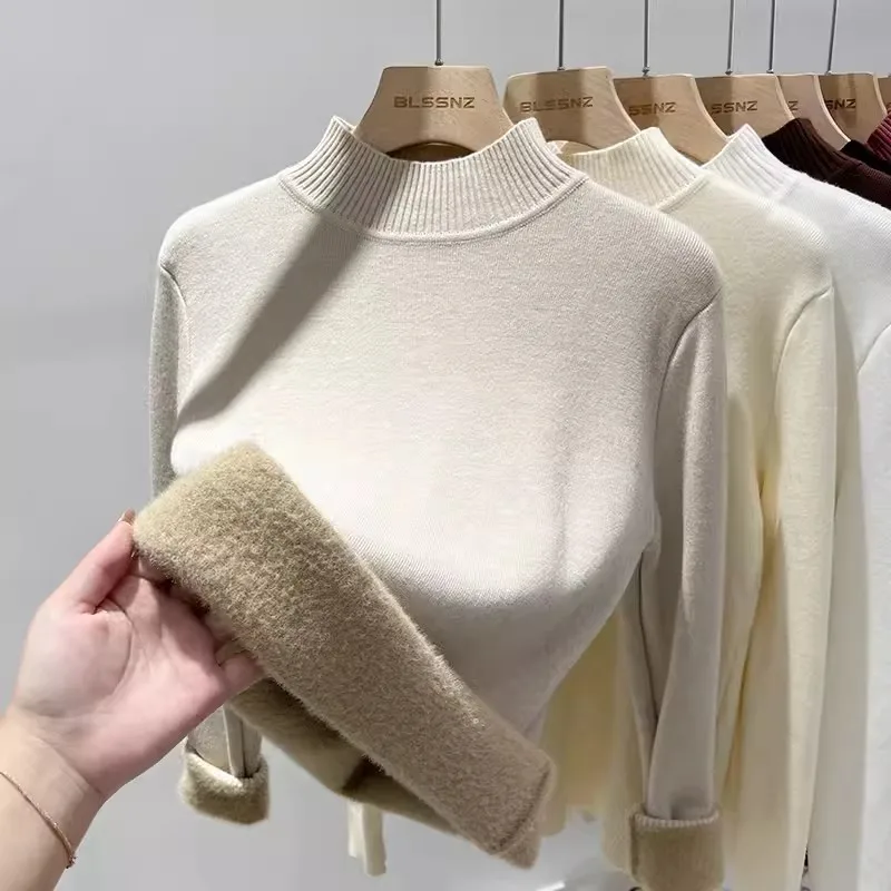 캐주얼 단색 슬림핏 이너 니트웨어 신상 겨울 여성용 긴팔 목폴라 스웨터 패션 여성용 따뜻한 니트 탑15