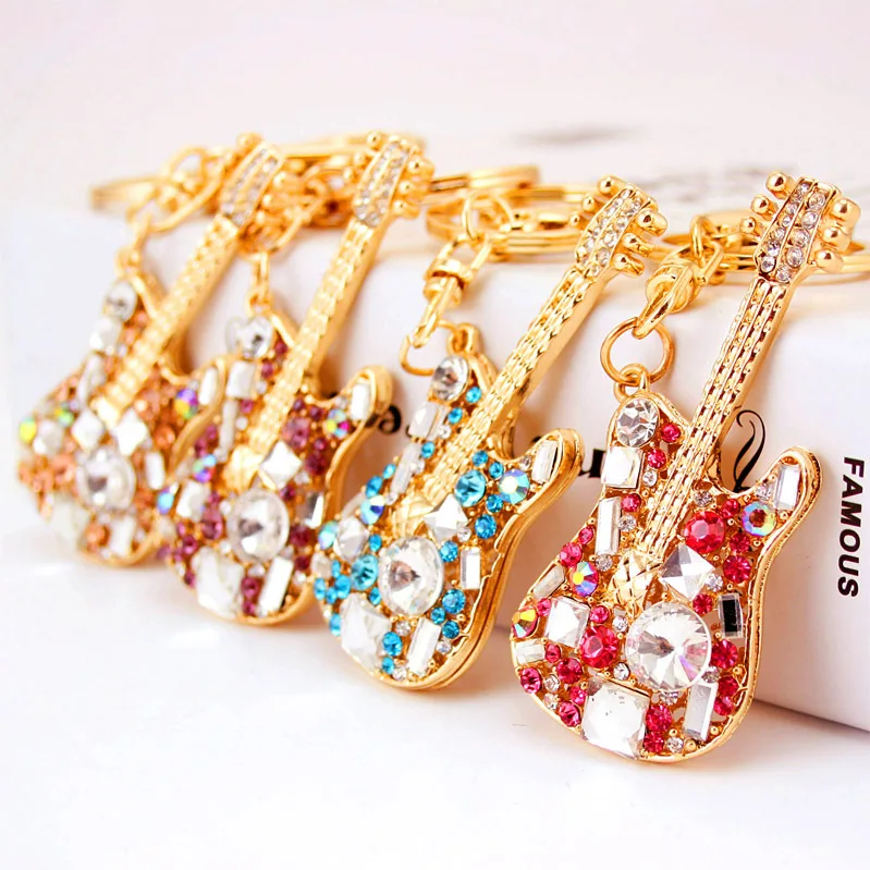 Exquisite Chic Guitar Crystal Rhinestone Keychains Purse Bag Buckle HandBag Pendant For Car Keyrings Women Key Chains K255