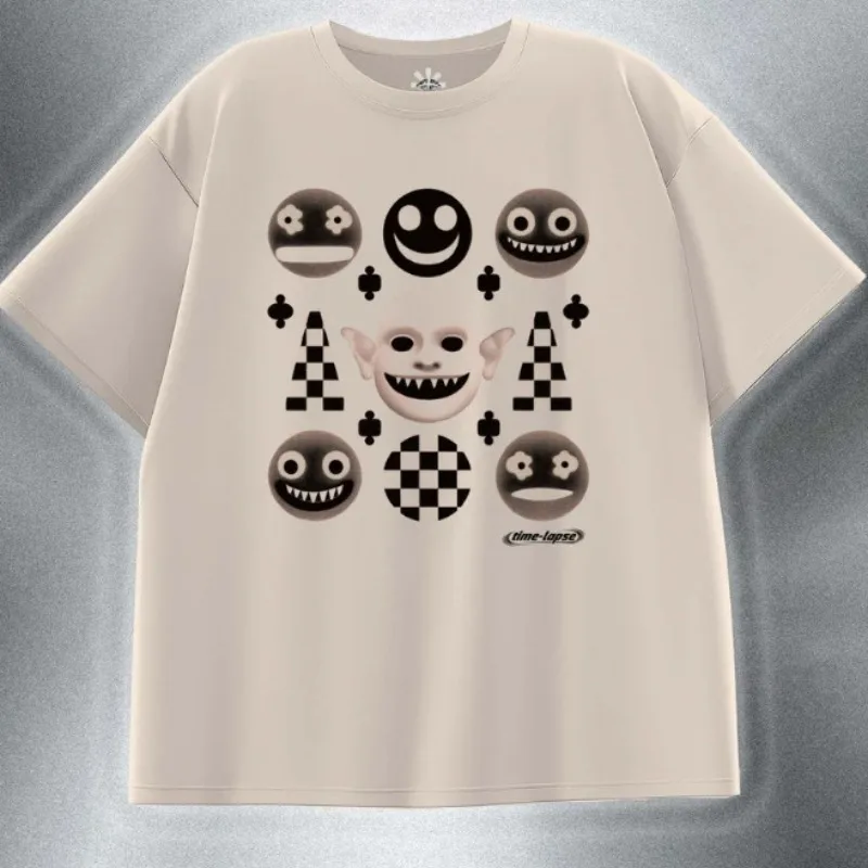 Y2K Grunge Alt Cream Oversized Tee Creepy Gradient Smile Demon Elf Face Checkerboard Triangle Poker Club Print Hip Hop American