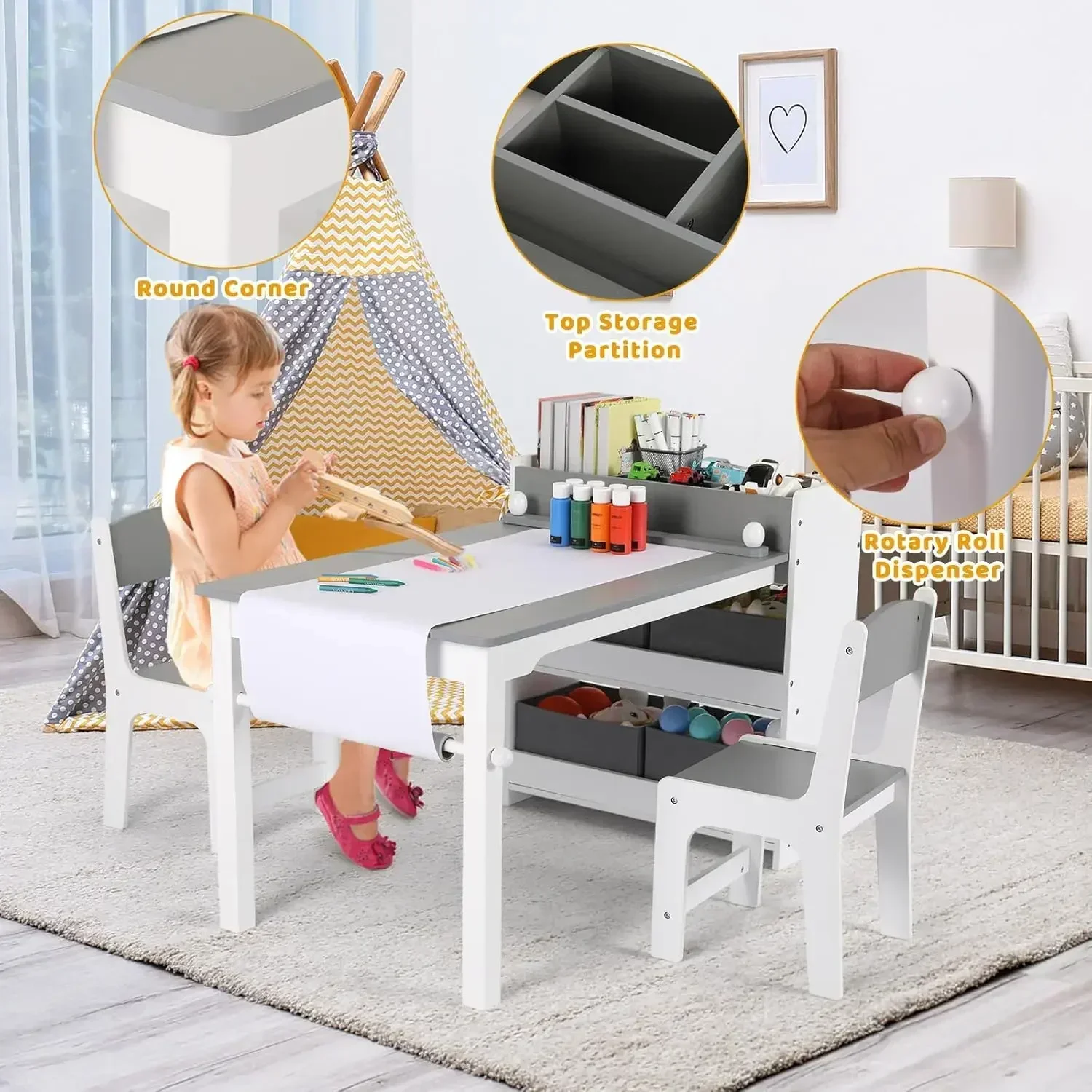 Kids Art Table and 2 Chairs, Toddler Craft Drawing Desk with Large Storage Shelves, 4 Storage Bins and Paper Roll, Kids Activity