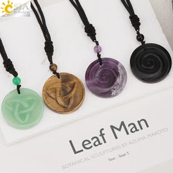 Natural Stone Crystal Pendant Rope Necklace Handmade Carved OM Healing Tiger Eye Clear Crystal Amethyst Shield Shape Amulet H242