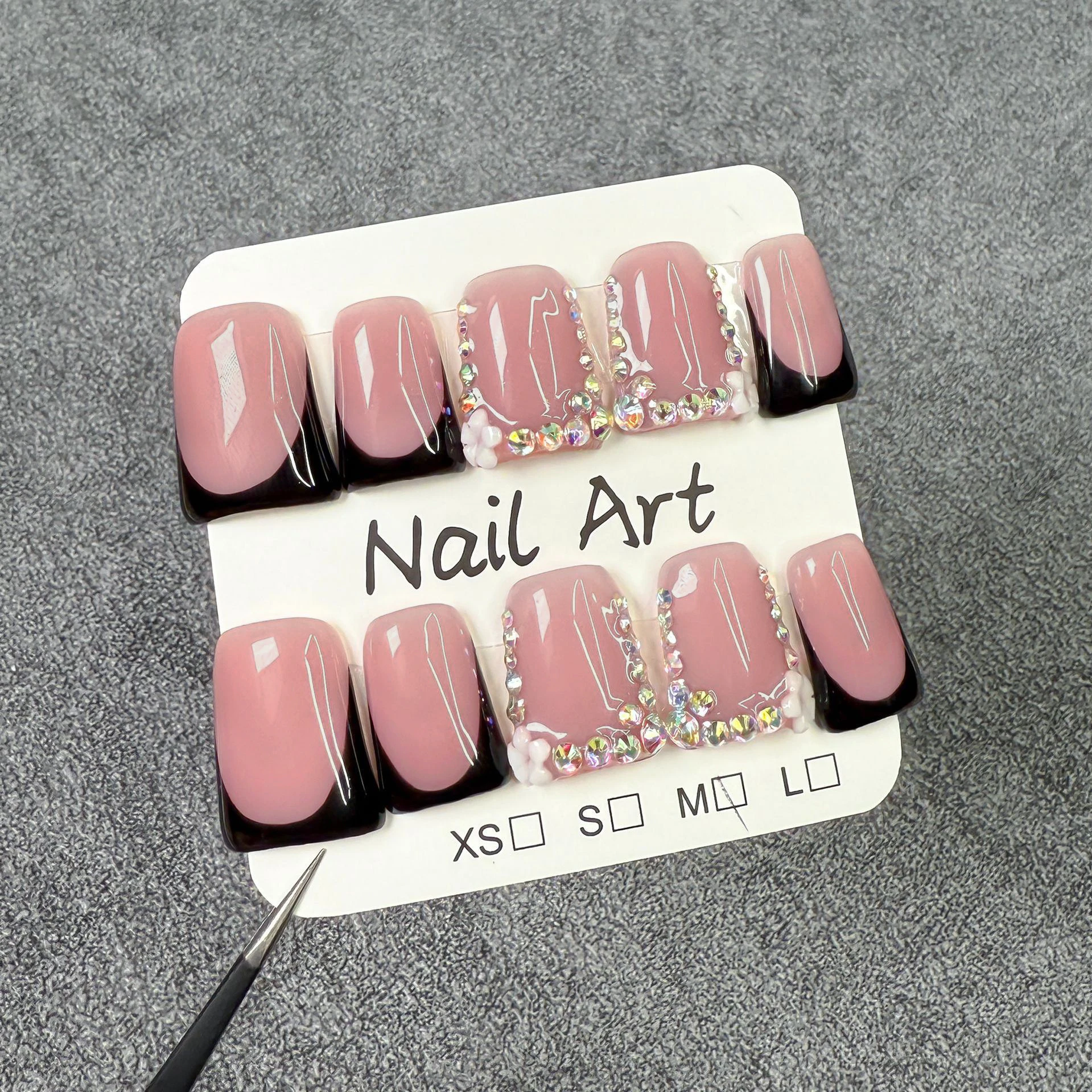 Y2k legal tempero meninas preto rosa ponta longa 10 pçs imprensa artesanal em unhas cruz aranha diamante falso prego duckbilled arte do prego francês