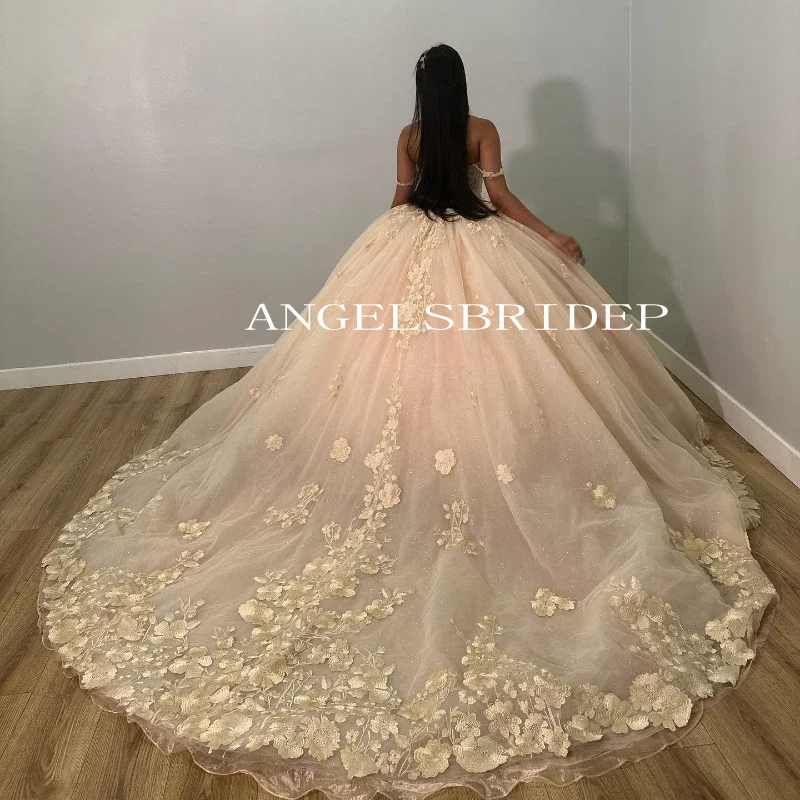 Luxury Light Champagne Flower Quinceanera Dresses 3D Flowers Beading Lace Vestidos De 15 Anos Formal Birthday Party Ball Gown