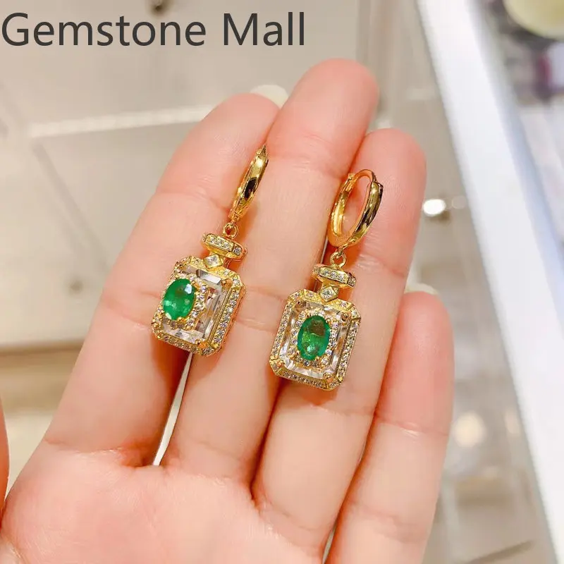 

925 Silver Dangle Earrings for Daily Wear 4mm*6mm Total 1ct Natural Emerald Earrings 925 Silver Emerald Jewelry