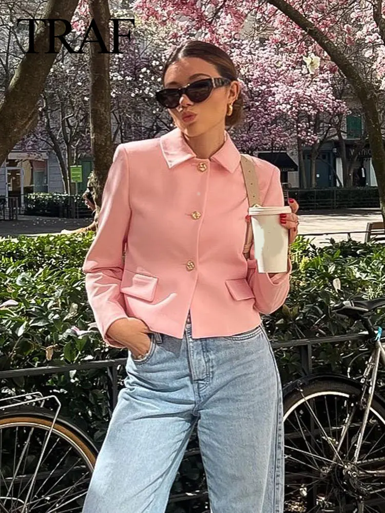 

TRAF 2024 Spring Woman Fashion Casual Blazer Long Sleeves Lapel Solid Short Jacket Pocket Single Breasted Chic Female Pink Coat