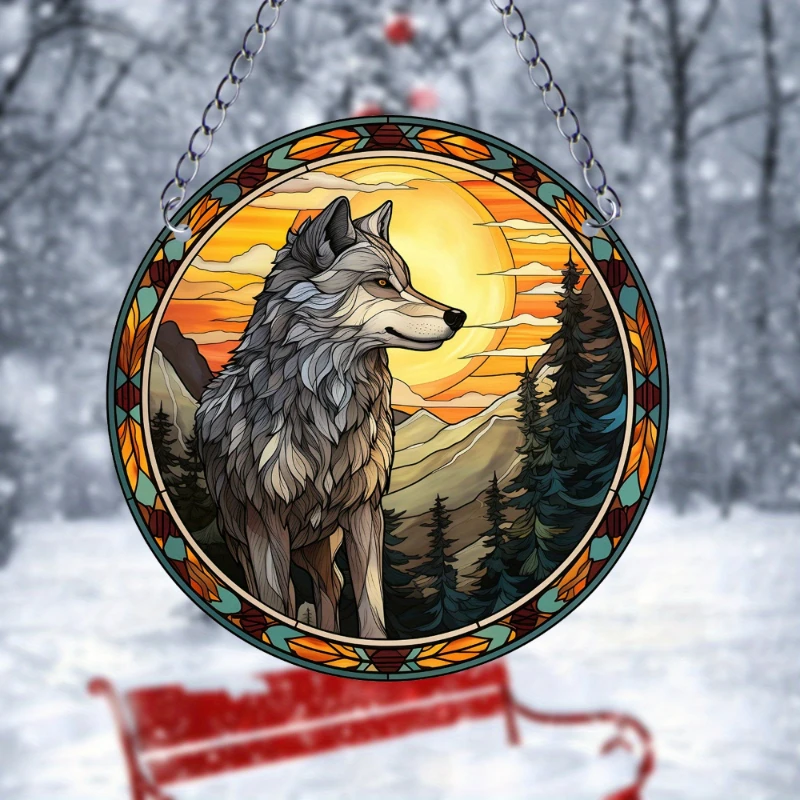 1pc Wolf Suncatcher Wall Sign Round Dyed Acrylic Art Board Hanging Plaque Pendant for Door Farmhouse Festival Home Room Decor