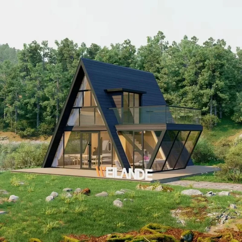 Luxury Modern Design Triangular Shape Steel Structure a Frame House Kit for Living Modular Wooden Color House Customized