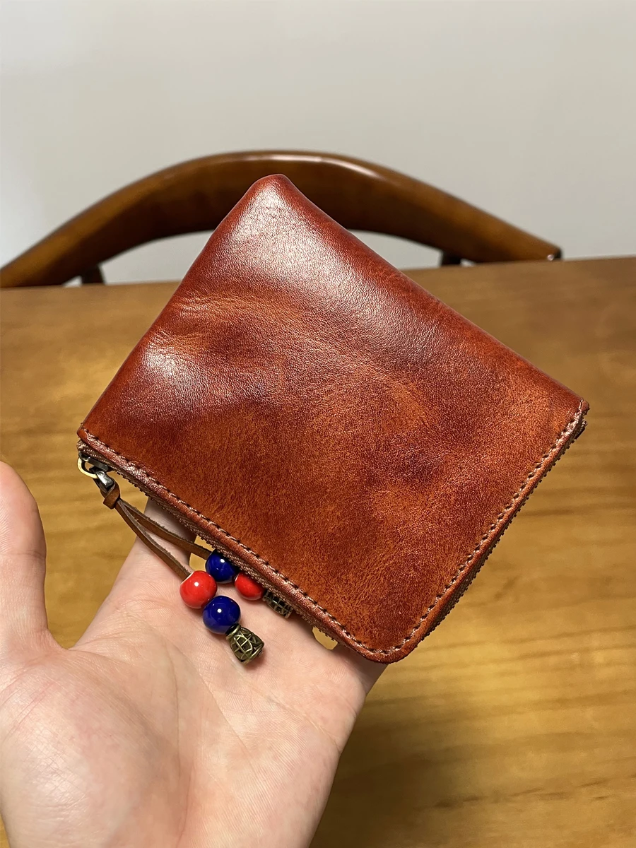 Vintage handmade vegetable tanned cowhide men women coin purse simple fashion high quality real leather driver's license wallet