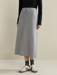 DUSHU Women Grey Skirts WinterFemale Knitted Long A-LINE Skirt Back Slit Design High Waist Casual Solid Skirt 23DS84318