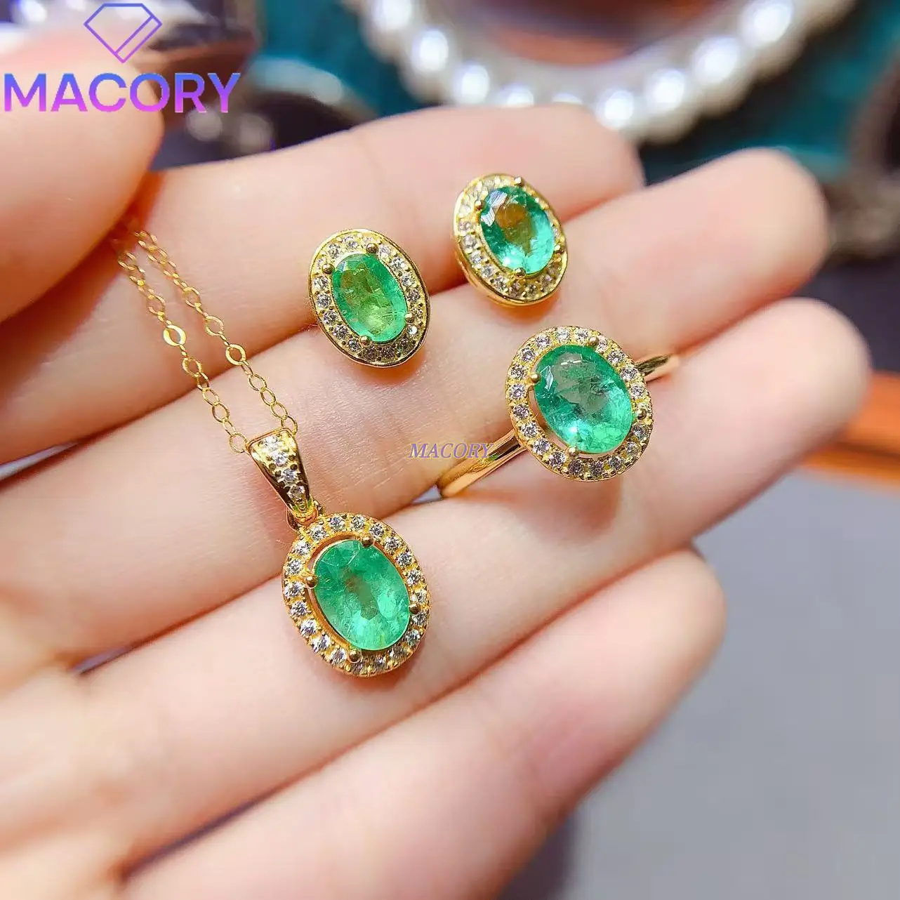 

Natural Emerald Set for Women - 925 Sterling Silver Ring, Earrings, and Necklace Three-Piece Set, High-Quality with Certificate