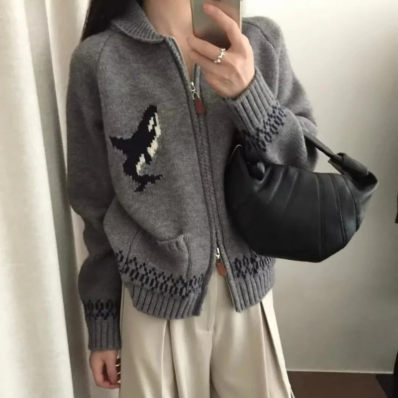 여성용 한국 스타일 만화 티슈 돌고래 라펠 지퍼 니트 카디건, 레트로 스웨터 재킷, 가을 및 겨울 신상
