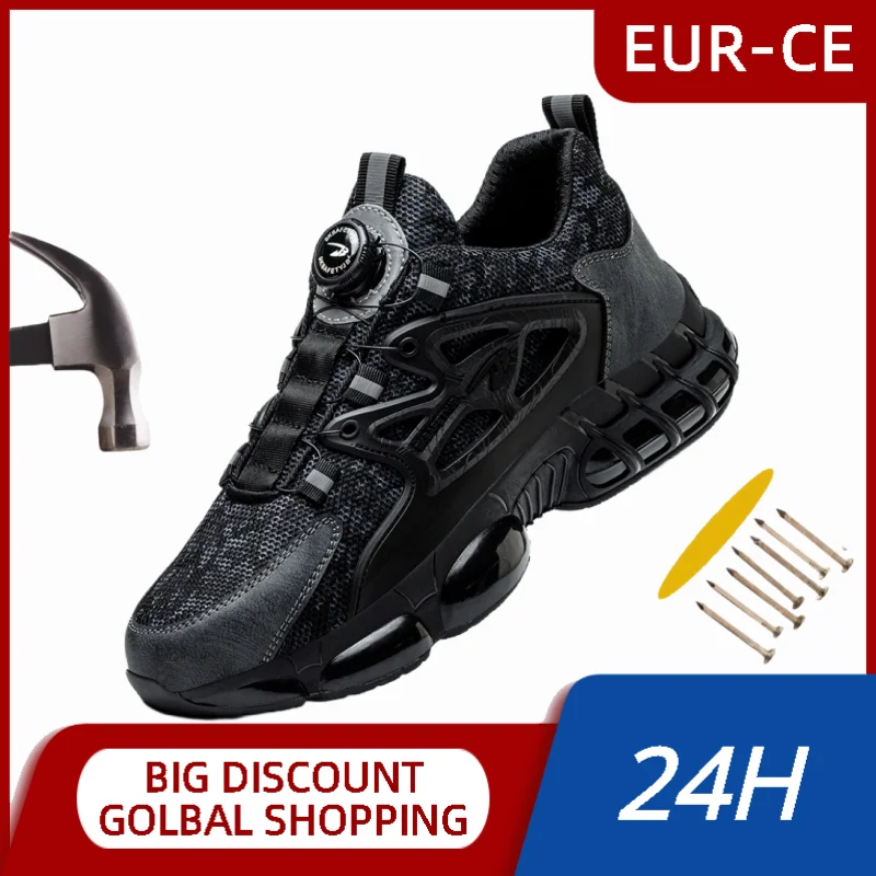 

Rotating Button Hiking Work Shoes Lightweight Breathable Sneakers Anti Shock Steel Toe Cushioned Indestructible Sneakers