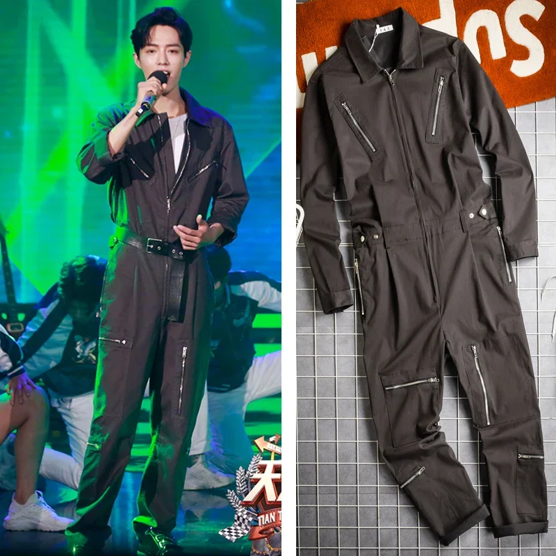 

Men's Tooling Cargo Overall Long Sleeve Jumpsuit Black Grey Hip Hop Zipper One Piece Jacket and Pants Men Casual Harajuka Romper