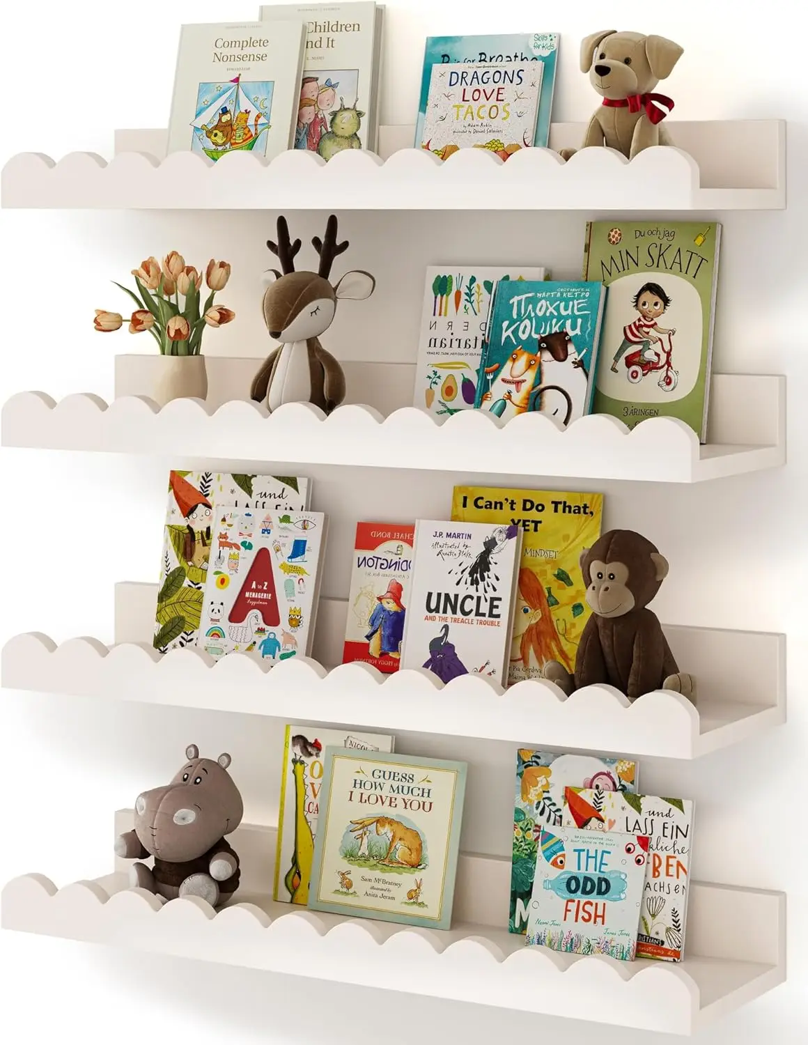 

Nursery Book Shelves, 4-Pack White Floating Shelves for Wall Kids, Scalloped Shelves, Wall Book Shelves for Bedroom Kid