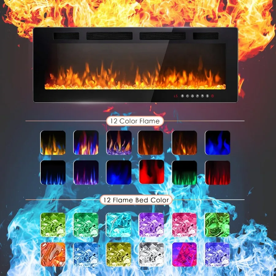 42 inch Electric Fireplace Recessed and Wall Mounted with 750 1500W Heating Capacity Linear Flame Design Touch Screen Control P