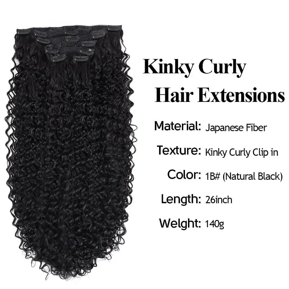 Extensiones de Cabello con Clip Rizado Kinky Sintético de 26 Pulgadas 7 Piezas por Set Doble Weft Fibra Resistente al Calor Japonesa 4