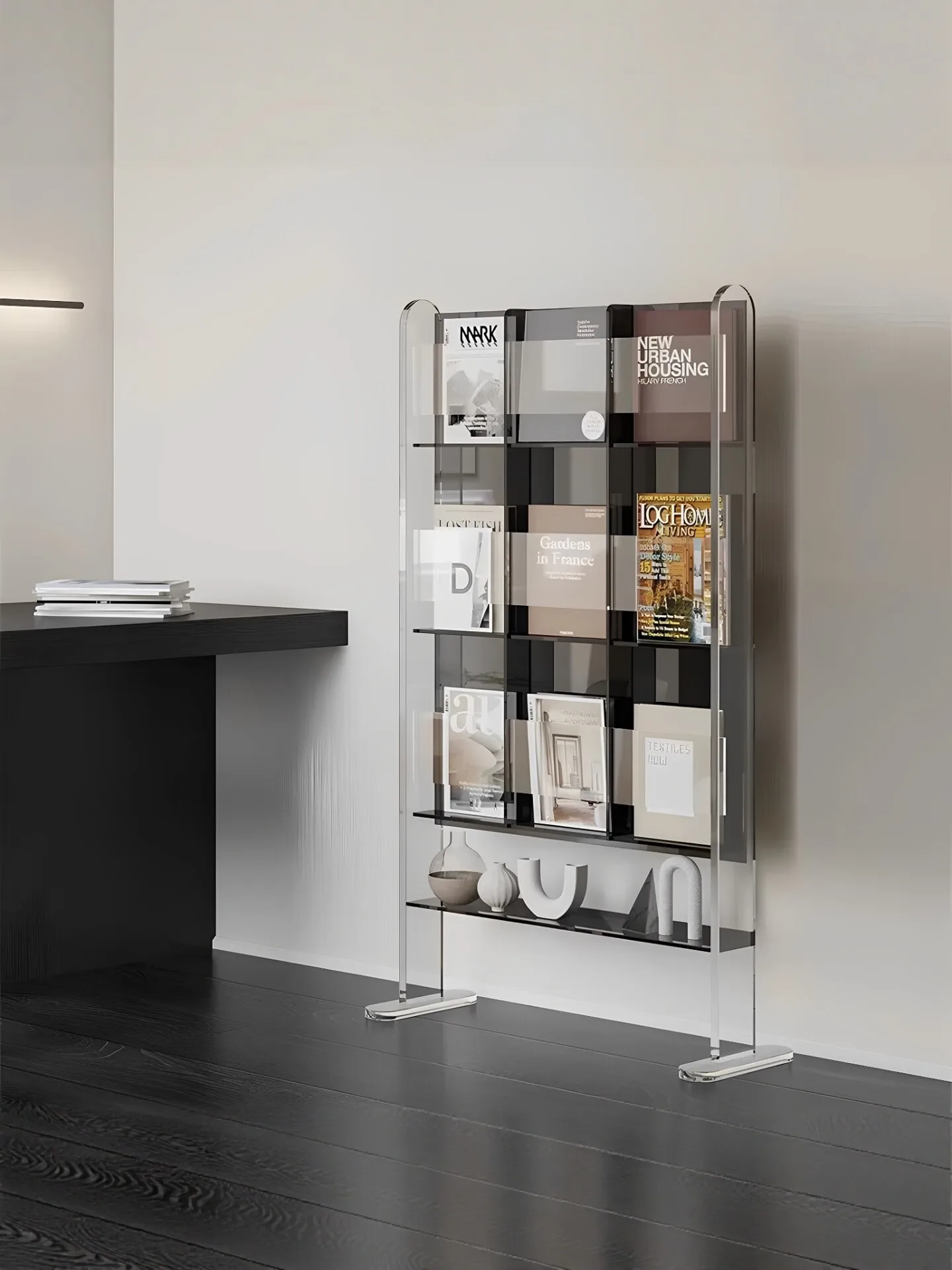 Floor-to-ceiling transparent bookshelf Living room shelf Newspaper storage Light luxury magazine rack CD rack Acrylic vinyl reco