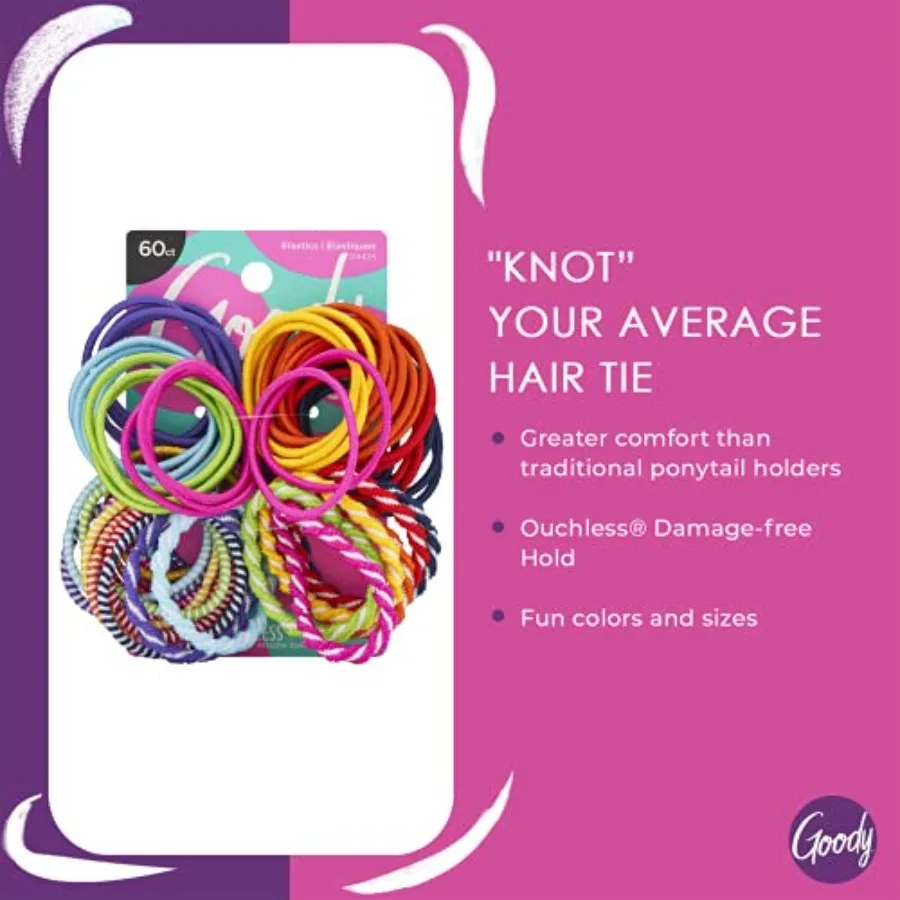 Goody Ouchless Hair Elastics Pull, Breakage, Tangle-Free Hold for Fine Hair,Assorted Colors, Long-Lasting Ponytail Holders for