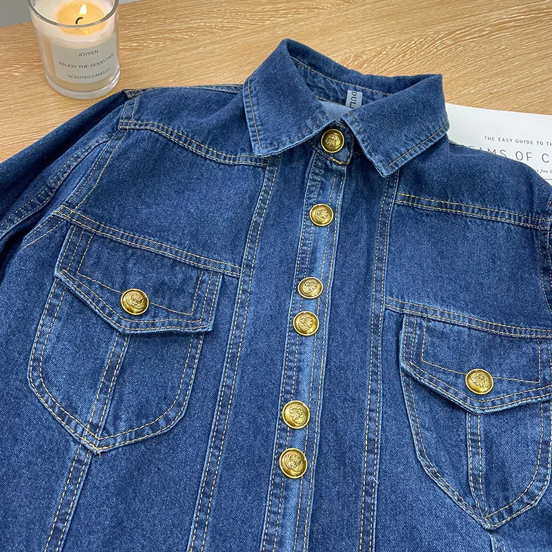 Vintage Denim Shirt Women\'s Spring Autumn Casual Thin Blouse New Elegant Turn-down Collar Gold Button Long Sleeve Coat Top