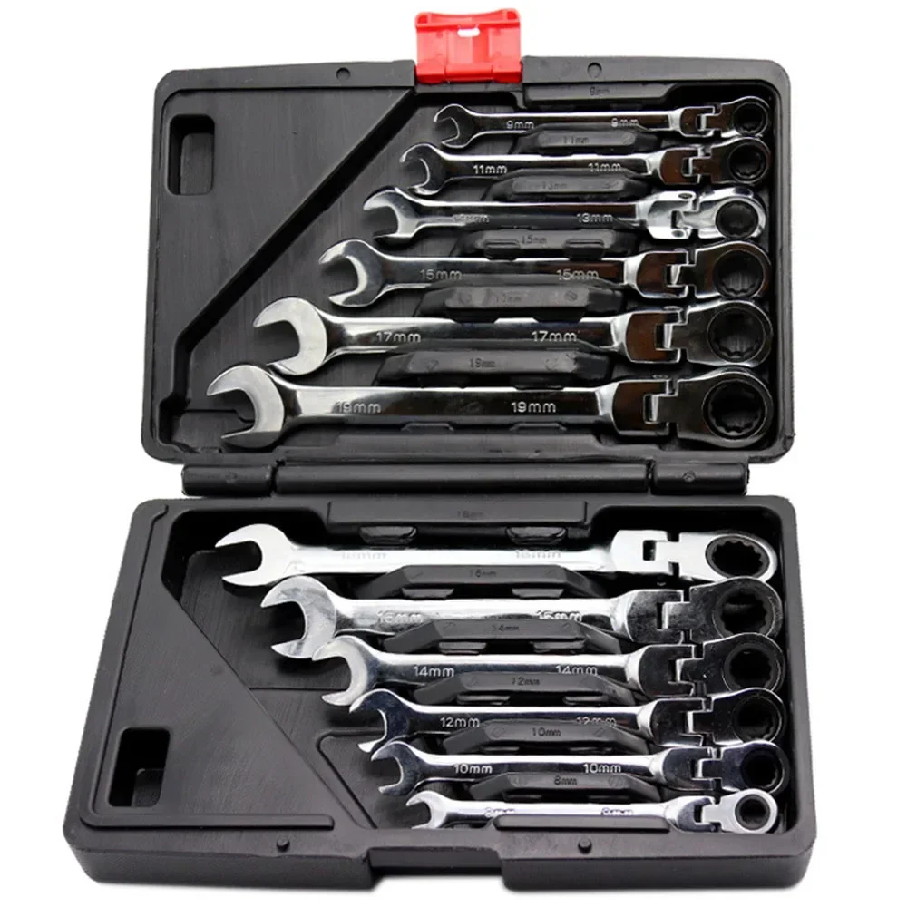 1/4\'\'-13/16\'\' Premium 72-Teeth Gear Chrome Flex-Head Ratcheting Combination Wrench Set SAE Organizer Auto Repair Tool visible