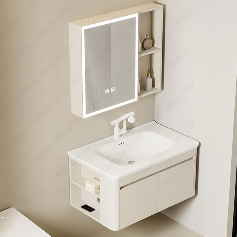 Wall Mounted Bathroom Vanity Combo With One Piece Wash Sink Basin Mirror Cabinet Floating Large Storage Cabinet With Faucet Set