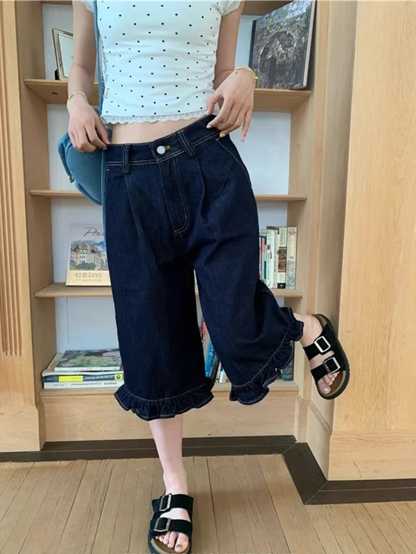 بنطلون جينز نسائي بخصر عالٍ وطول سبعة أقدام، ضيق ومزين بحواف مزهرة، بأسلوب كاجوال، طول متوسط، إصدار جديد للصيف